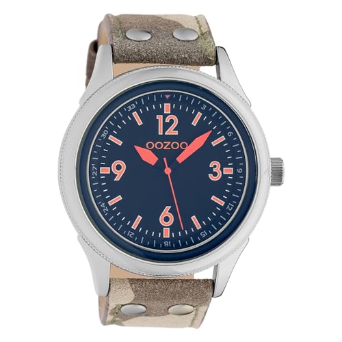 Oozoo Timepieces UOC10354 Uniseks Analoog Polshorloge, Leer, Camouflage, Zilver/blauw, Armband, Zilver/blauw., Armband